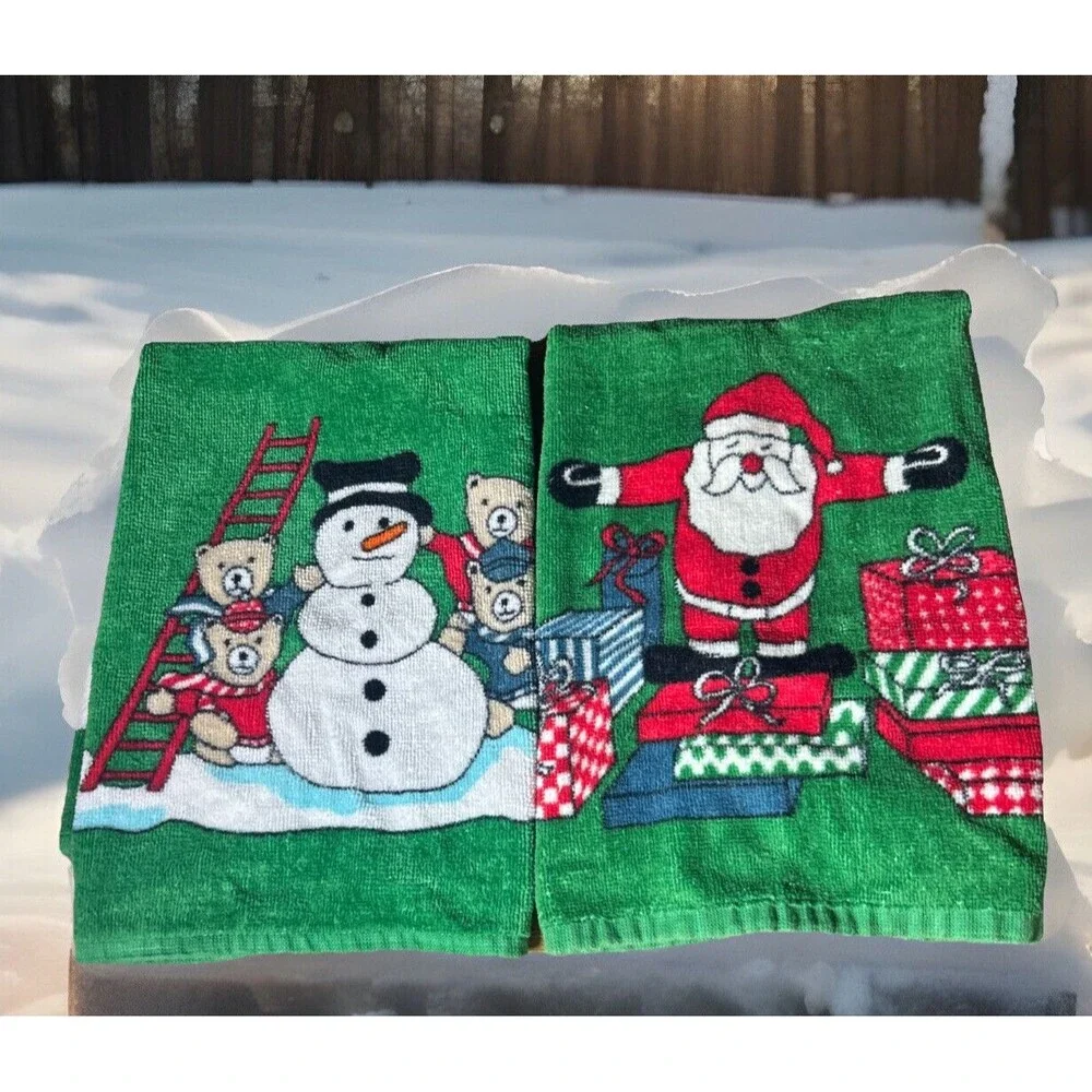 Hiltex Christmas holiday hand towels set of 2 Snowman Santa Gifts Bears Green